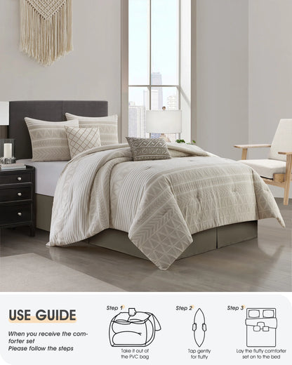 Lanco 100% Cotton Queen Size Comforter Set , 6 Piece , Beige Geometric Jacquard Bedding Set