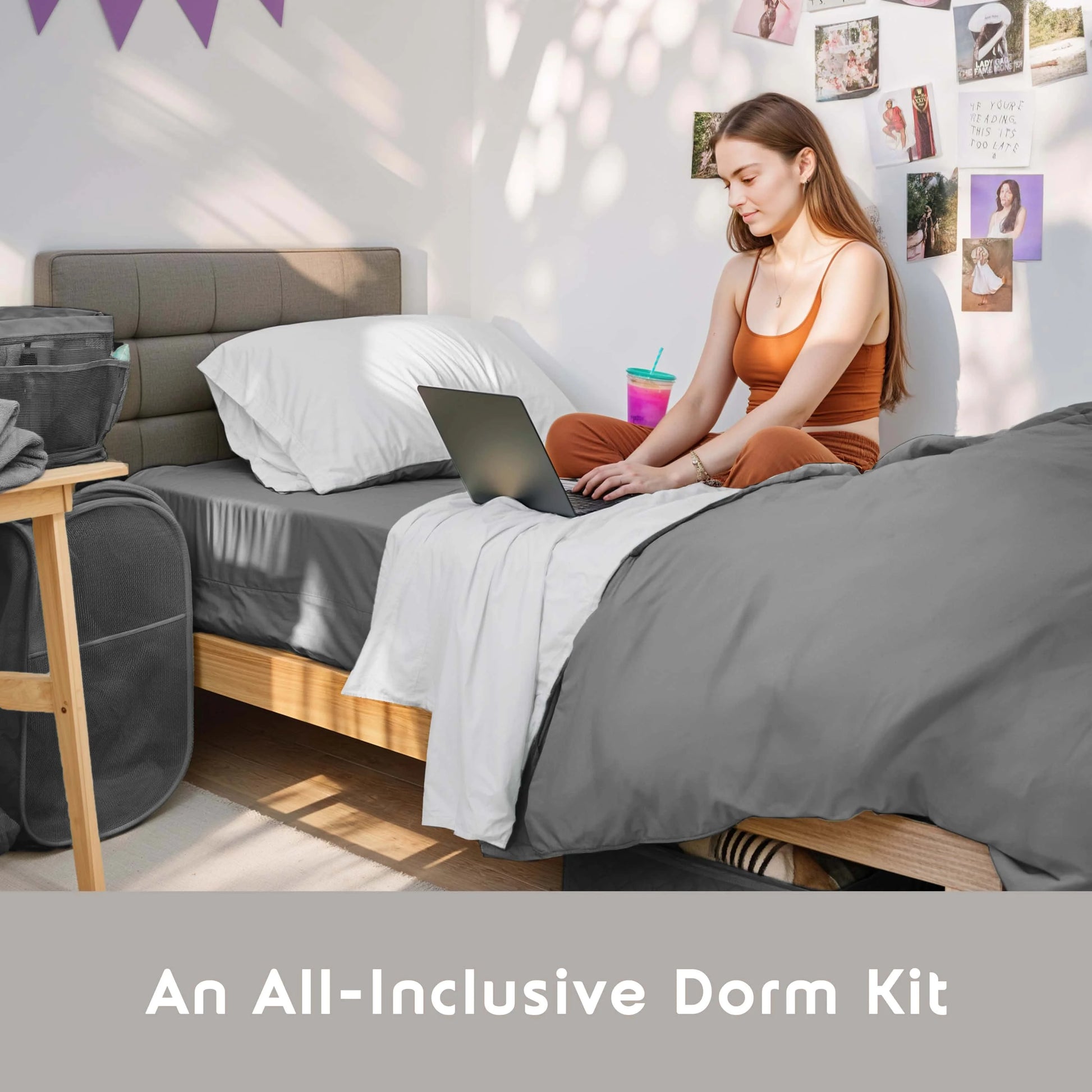 Ravure College Dorm Room Essentials Complete Set, Twin XL Comforter Set, Dorm Bedding, Twin Xl Bed In a Bag Comforter Set with All Dorm Accessories and Bedding, Grey
