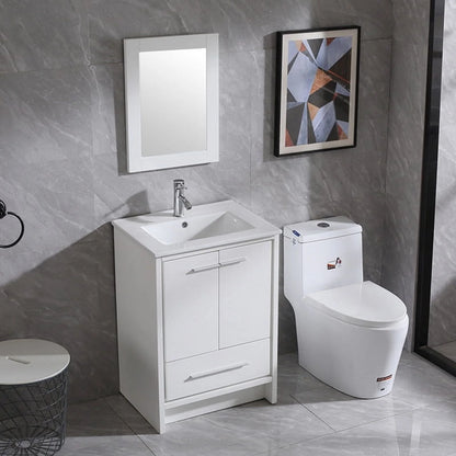 Walsport 24" Luxurious Bathroom Vanity with Ceramic Sink and Countertop and Mirror and Faucet,Double Door Stand Floor Cabinet Bathroom Storage Vanity with Pop Up Drain,White