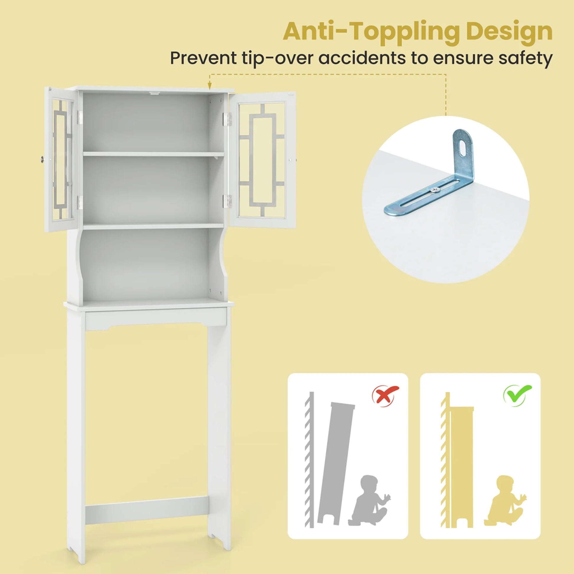 Costway Over the Toilet Storage Bathroom Spacesaver Cabinet Tower Organizer Shelf & Doors White