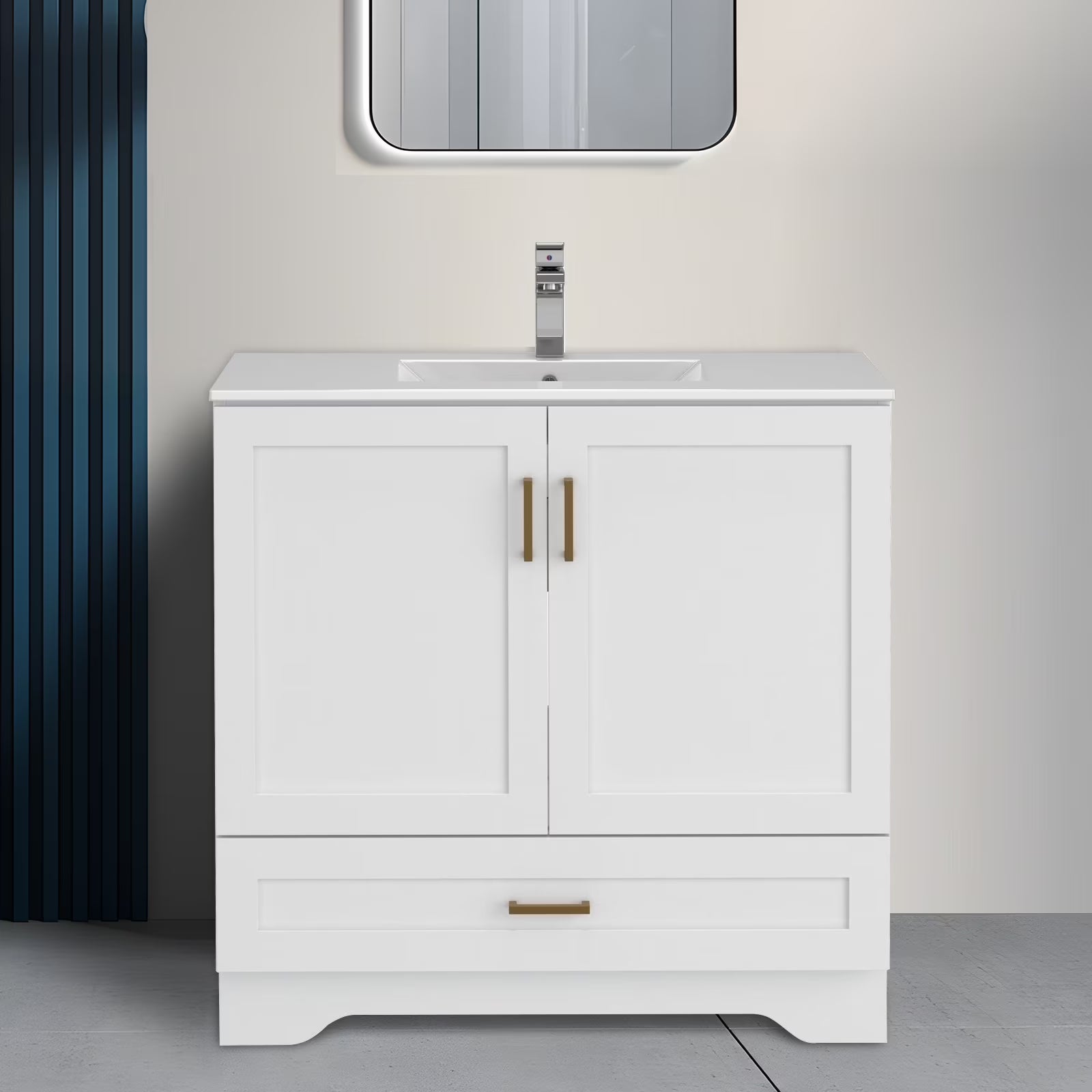 24" Bathroom Vanity with Ceramic Undermount Sink - Freestanding 2-Door & 1-Drawer Storage Cabinet, White