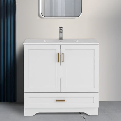 24" Bathroom Vanity with Ceramic Undermount Sink - Freestanding 2-Door & 1-Drawer Storage Cabinet, White