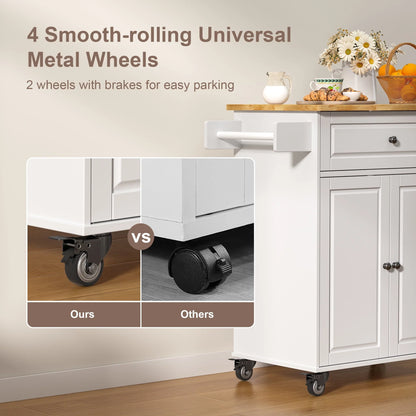 Kitchen Island with Storage on Wheels, Microwave Cart with Spice Rack, Towel Rack & Drawer, White