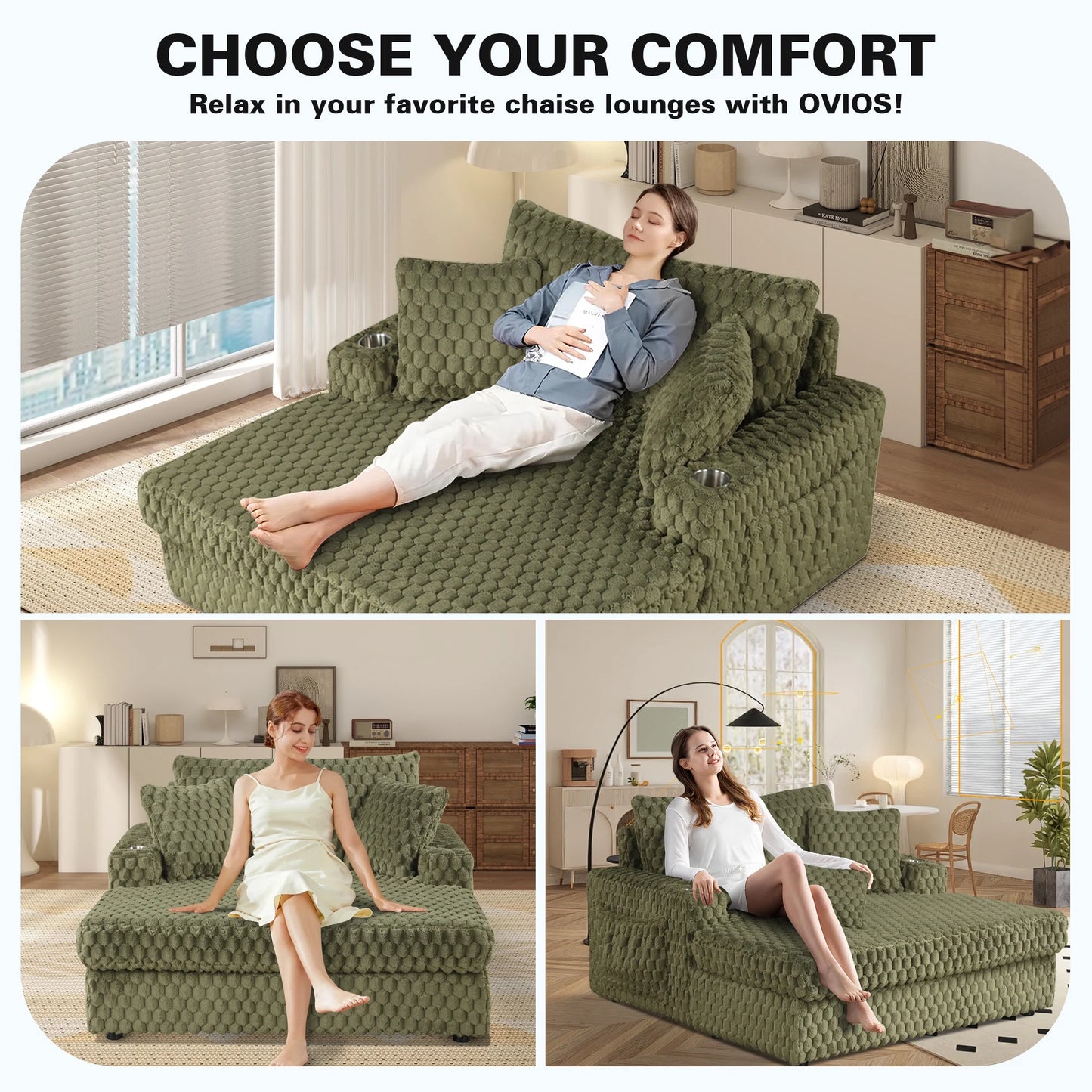 Aukfa Oversized Chaise Lounge Loveseat Couch with 2 Cup Holders& Throw Pillows, Fluffy Corduroy, Olive Green