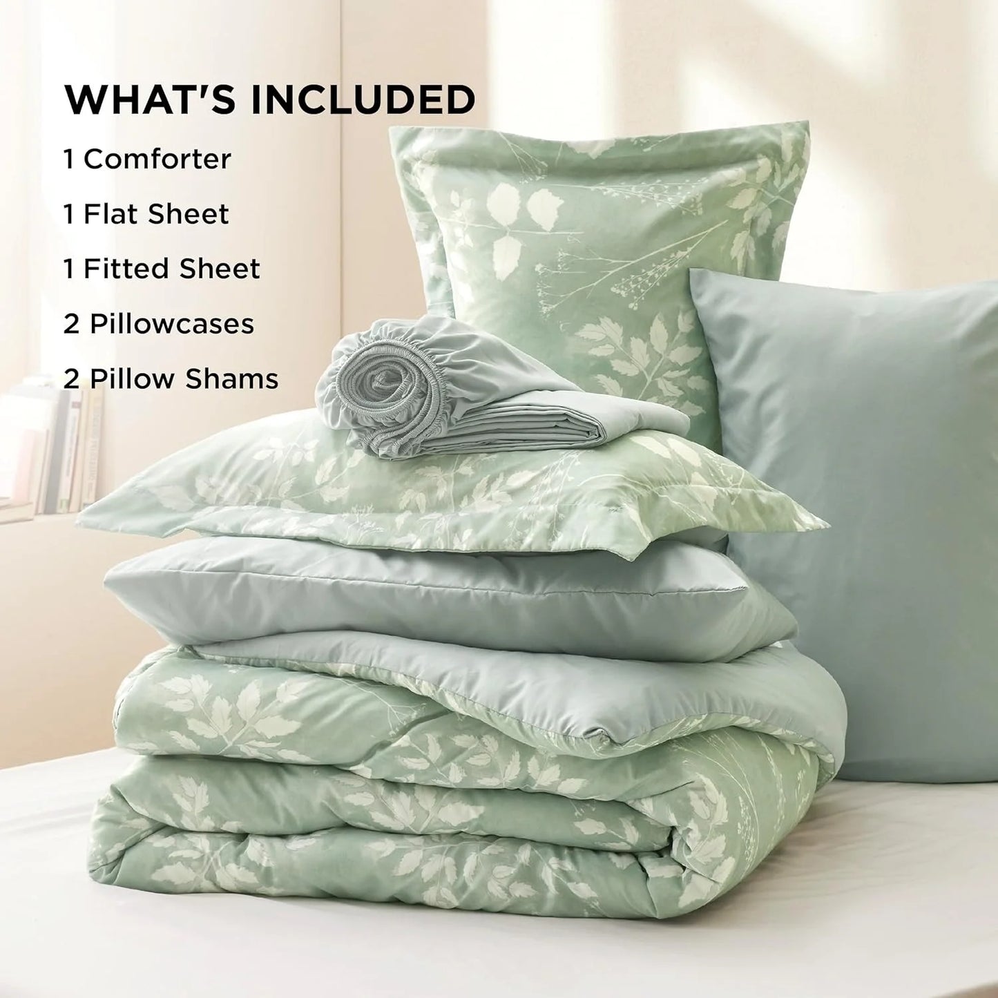 King Comforter Set - 7 Pieces Sage Green Floral Bedding Sets King Bed in a Bag with Botanical Flowers Comforter, Sheets, Pillowcases & Shams