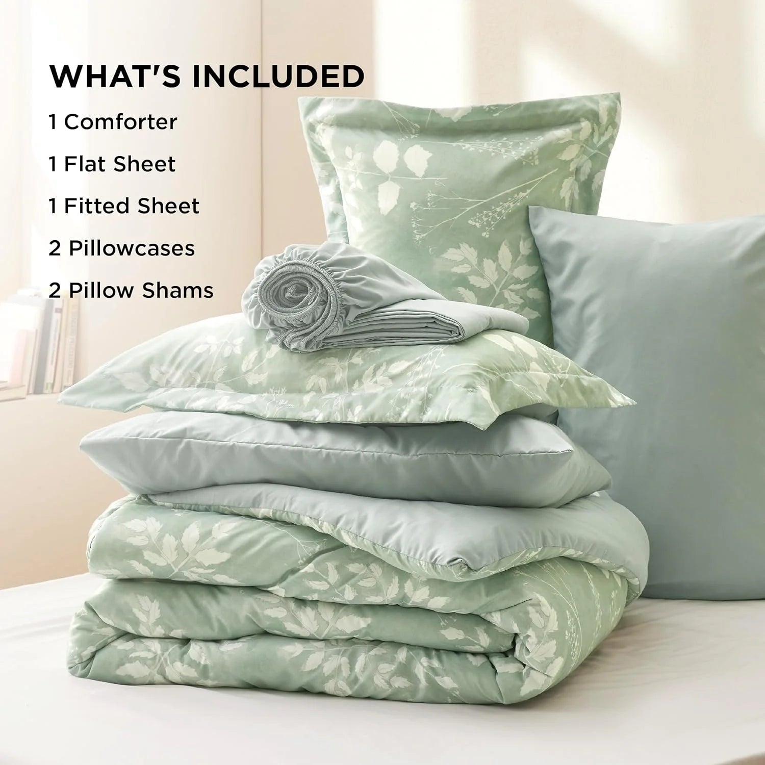 King Comforter Set - 7 Pieces Sage Green Floral Bedding Sets King Bed in a Bag with Botanical Flowers Comforter, Sheets, Pillowcases & Shams