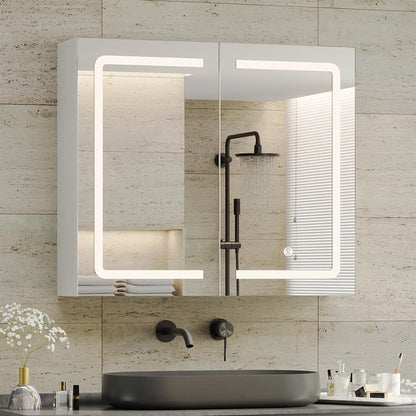 Lighted Medicine Cabinet with Mirror& LED Light for Bathroom,Wall Mounted Bathroom Mirror Cabinet with Storage and 2 Outlet and 3 Doors for Home, White, 39.4" x 23.6"