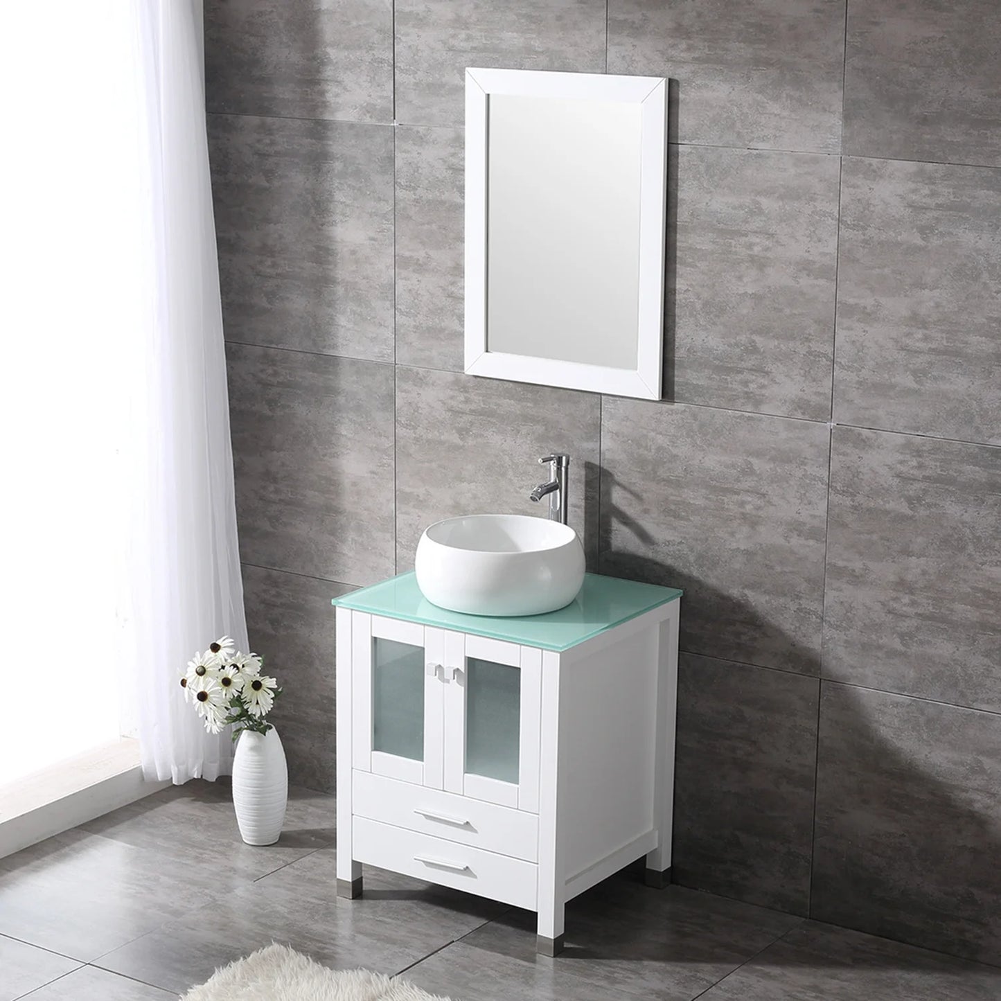 Wonline 24" Bathroom Vanity Cabinet Ceramic Sink Faucet Drain Combo w/Mirror Set White