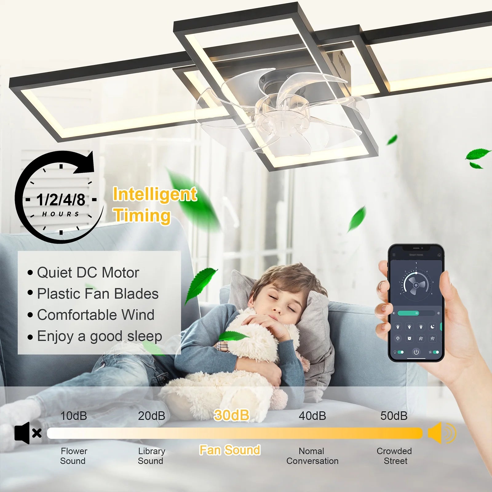 Garwarm Modern Black LED Ceiling Fan With Lights Low Profile 35" Dimmable Square with Remote Rectangle Light Fixture for Kitchen,Bathroom,Balcony,Living Room