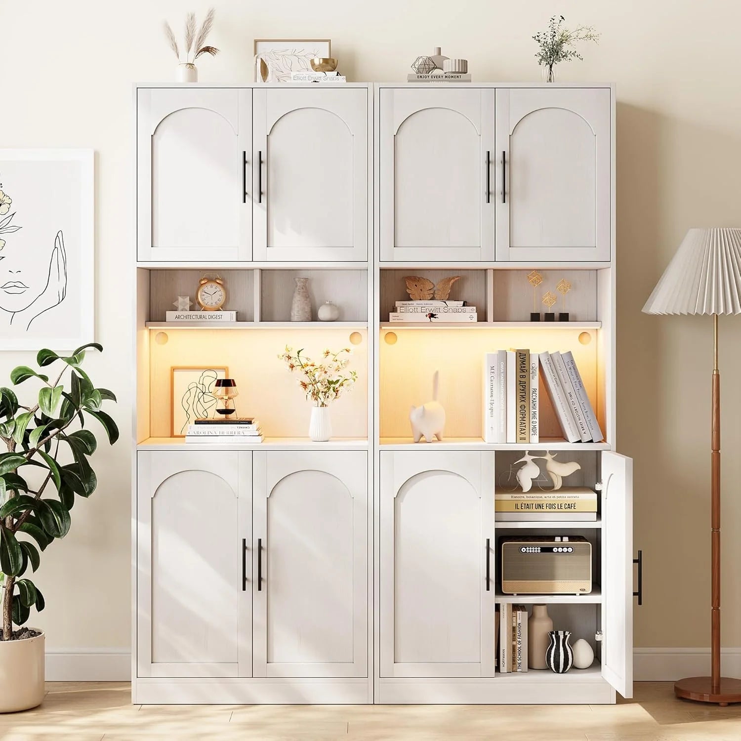 71° Tall Kitchen Pantry Storage Cabinet with Microwave Shelf and LED Light, Storage Cabinet with Door and Shelve, Hutch Cabinet with Storage for Dining Room, Living Room, Bathroom, White