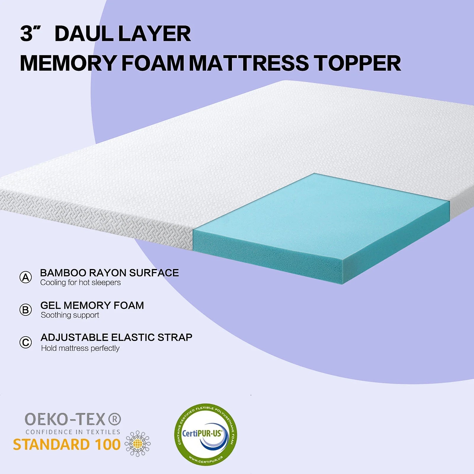 EPICORD 3 Inch Cool Gel Memory Foam Mattress Topper Queen Size Bed,Removable Soft Cover, Comfort Body Support & Pressure Relief,10 Year Warranty