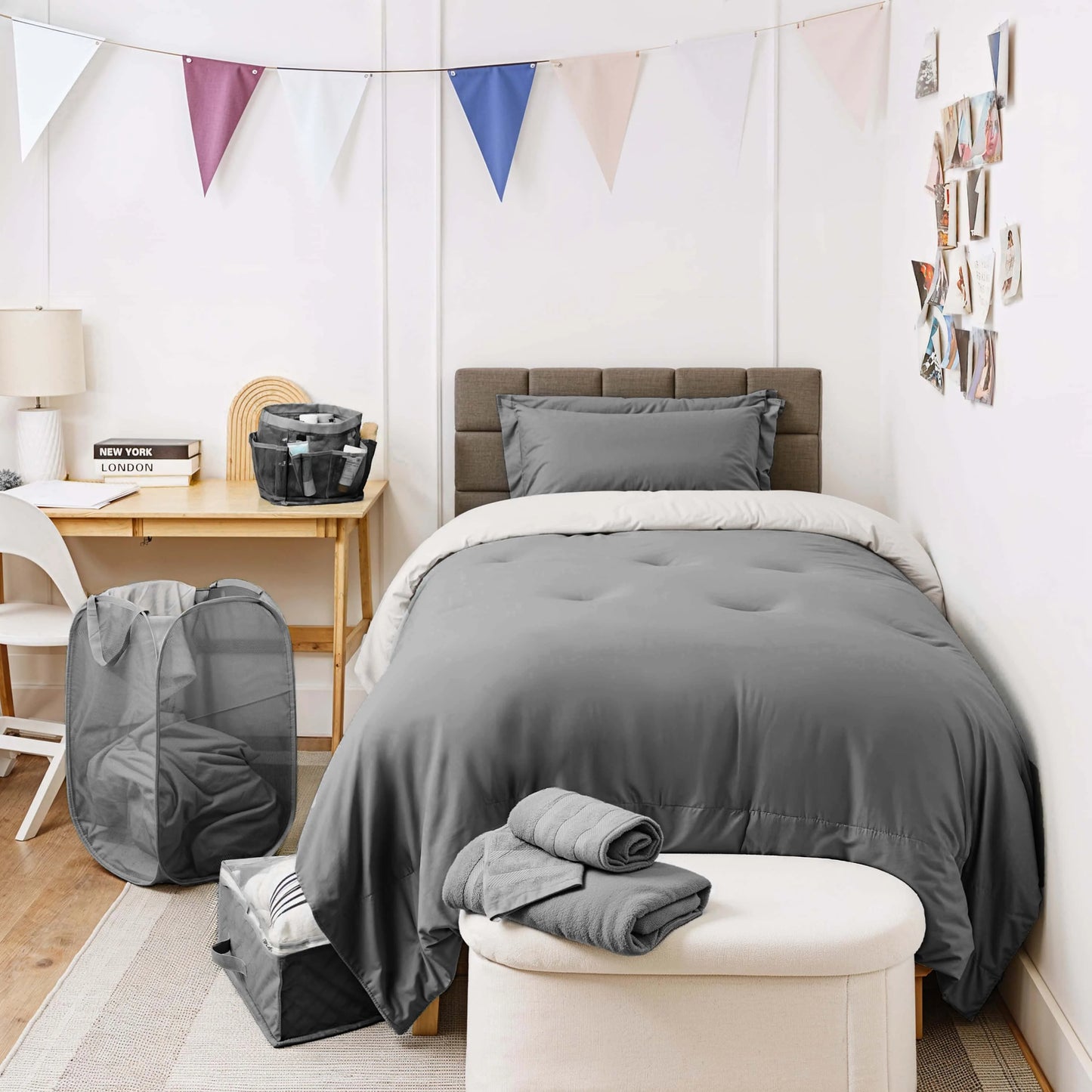 Ravure College Dorm Room Essentials Complete Set, Twin XL Comforter Set, Dorm Bedding, Twin Xl Bed In a Bag Comforter Set with All Dorm Accessories and Bedding, Grey