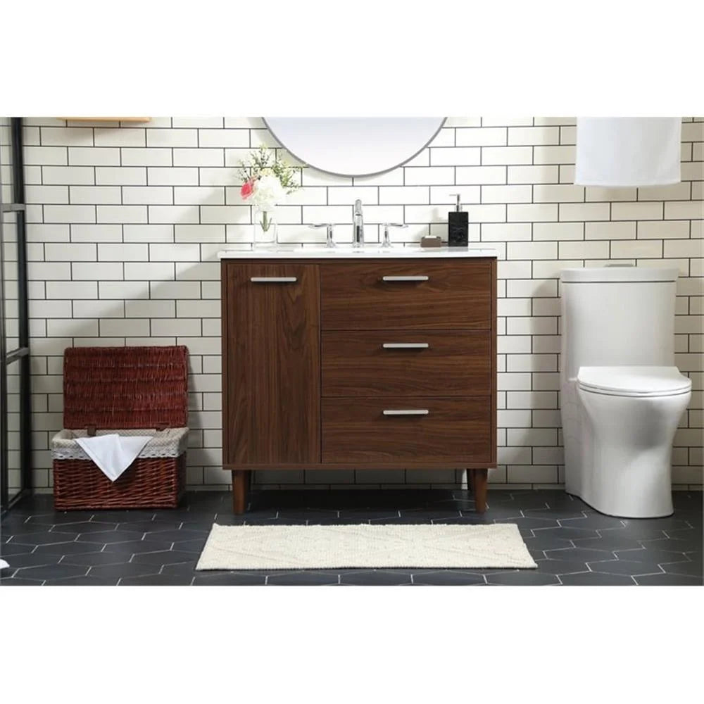 Elegant Decor Baldwin 36" Solid Wood and MDF Bathroom Vanity in Walnut