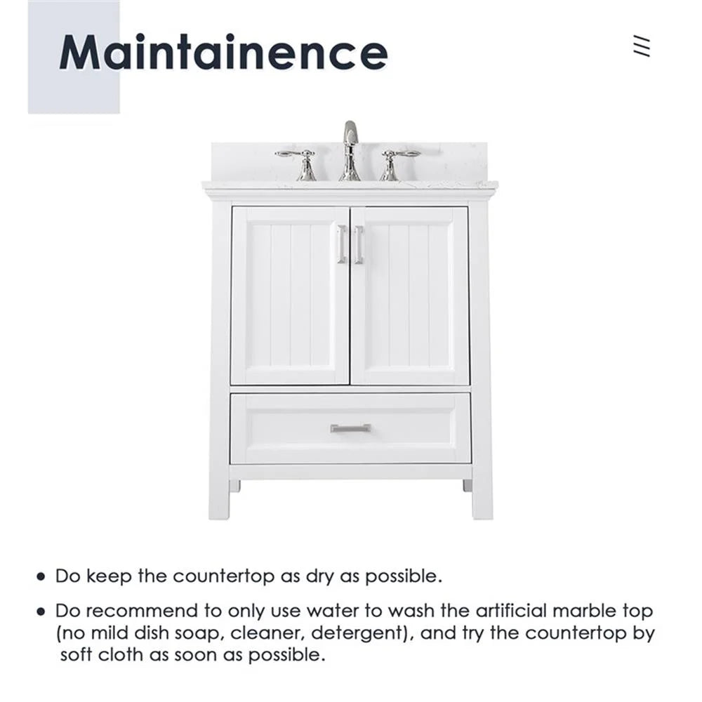 Isla 30" Single Bathroom Vanity Set in White and Carrara White Marble Countertop without Mirror