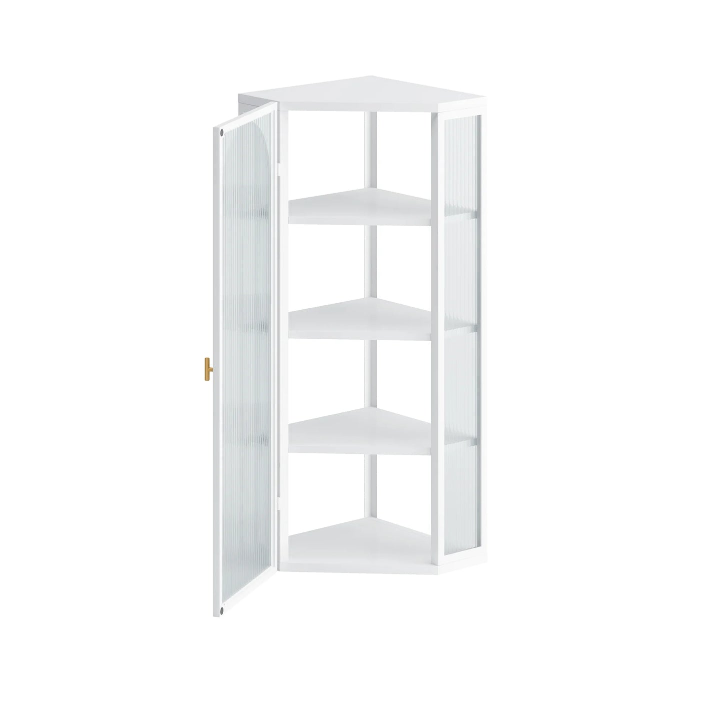 Glass Door Wall Mounted Corner Cabinet with Featuring Four-tier Storage for Bedroom, Living Room, Bathroom, Kitchen, White