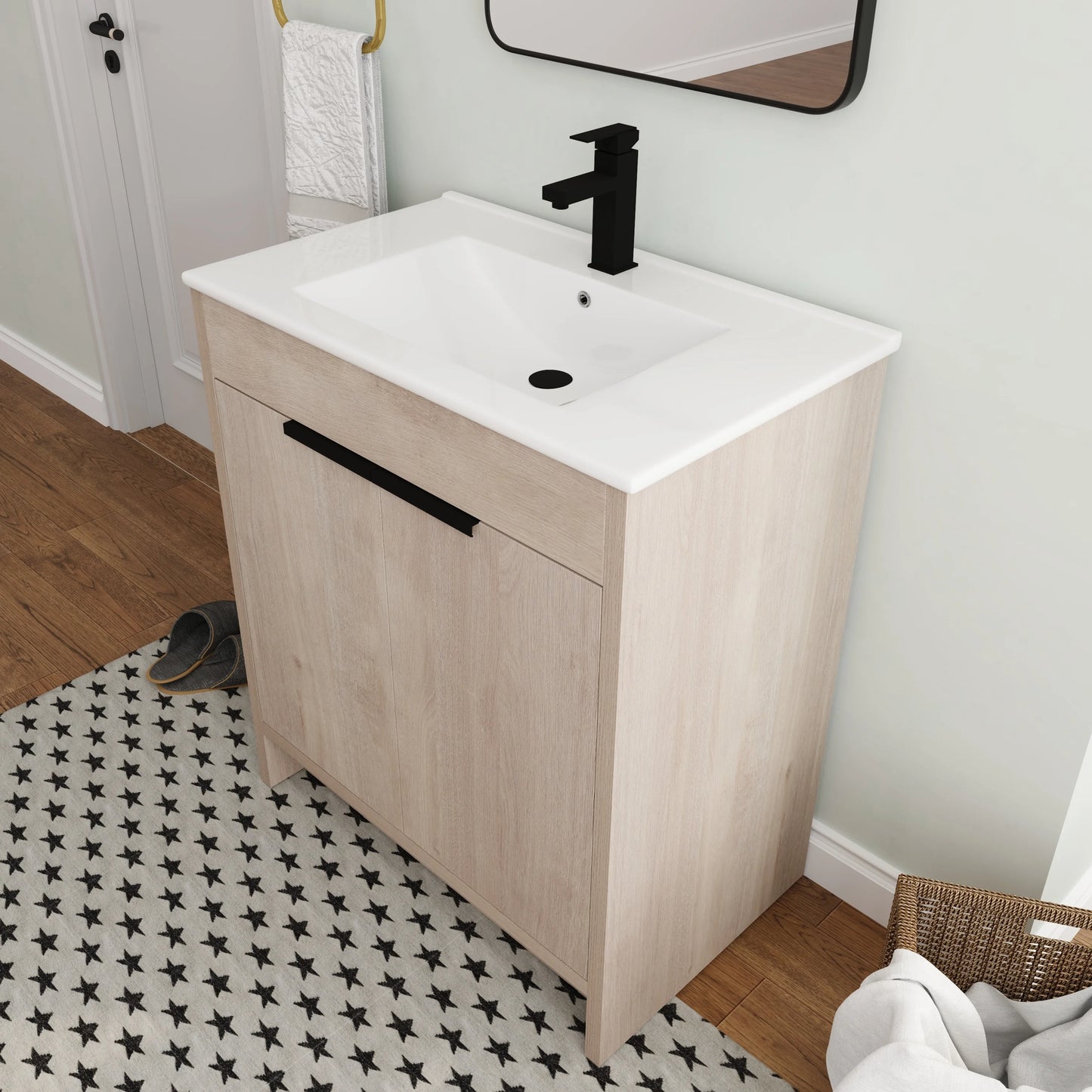 BNK 24/30/36 inch Freestanding Single Sink Bathroom Vanity with Soft Close Door and 1 adjustable shelf 24"W x 18.3"D x 35"H - Plain Light Oak