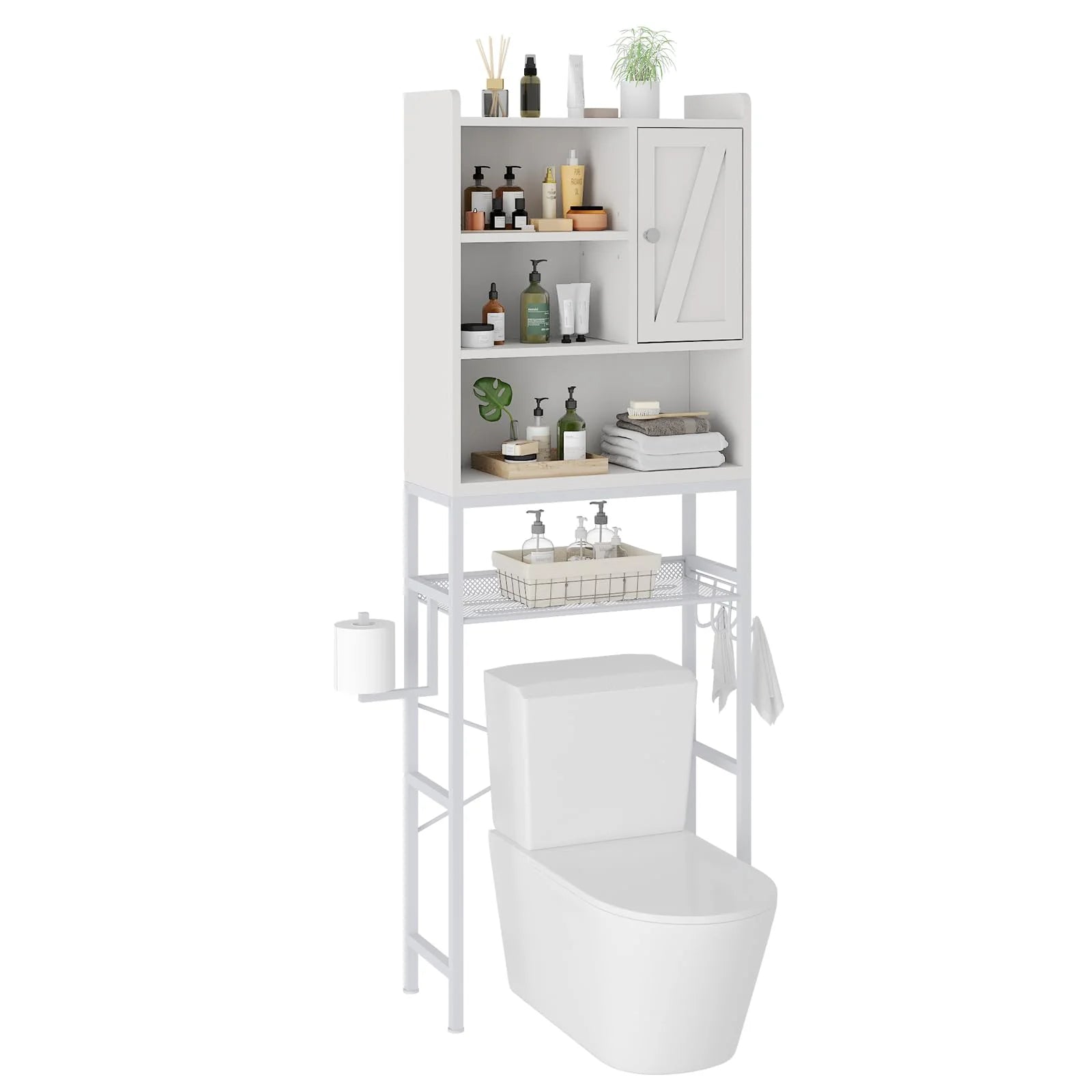 furlinkhm Over The Toilet Storage Cabinet,Bathroom Rack Organizers with Adjustable Shelf,5-Tier Bathroom Space Saver Over Toilet with Door for Bathroom, Restroom, Laundry,22.6"9.4"72.8"