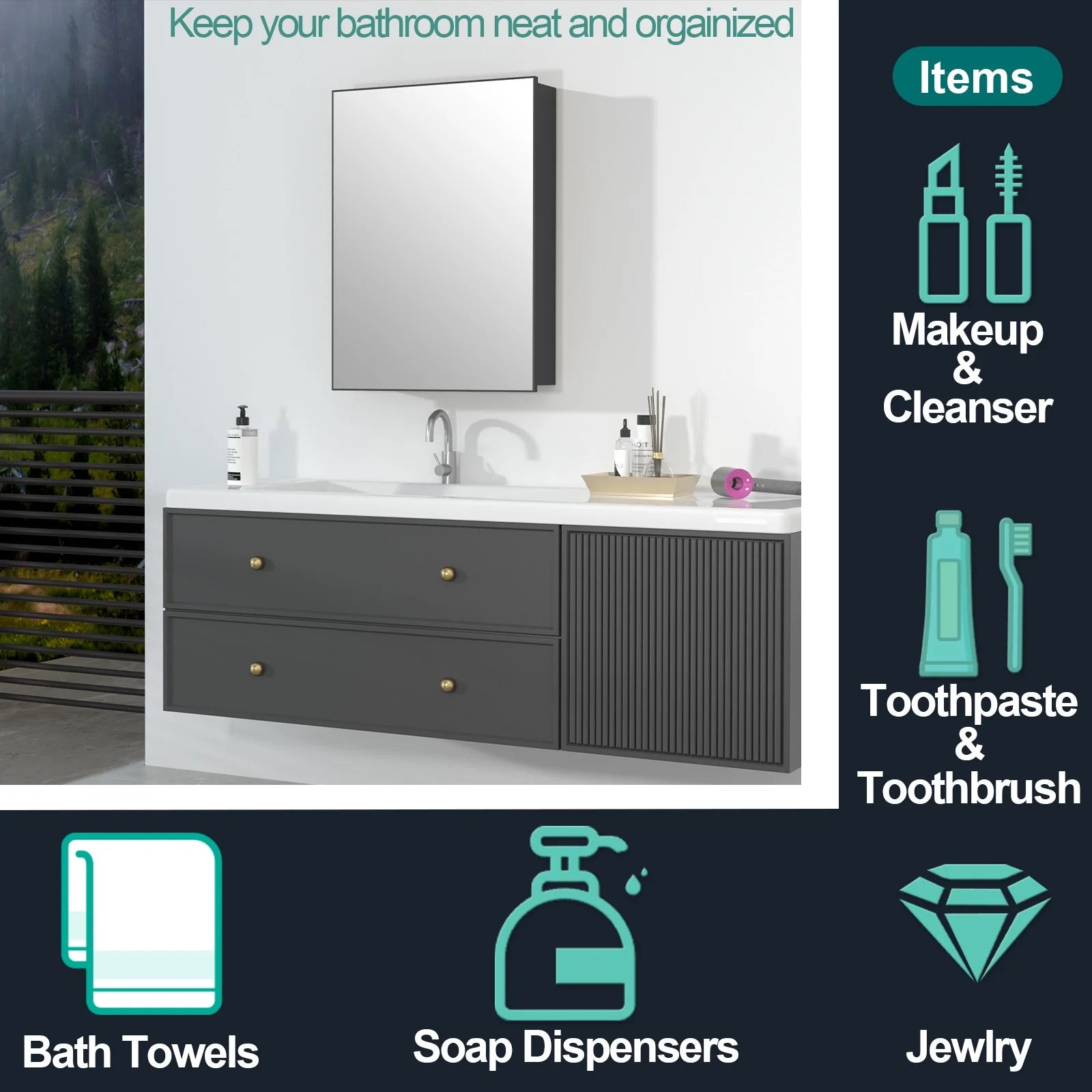 Ciumeeo Bathroom Wall Cabinet Single Door Wall Mount Storage Medicine Cabinet with Mirror and Hidden Shelves Black