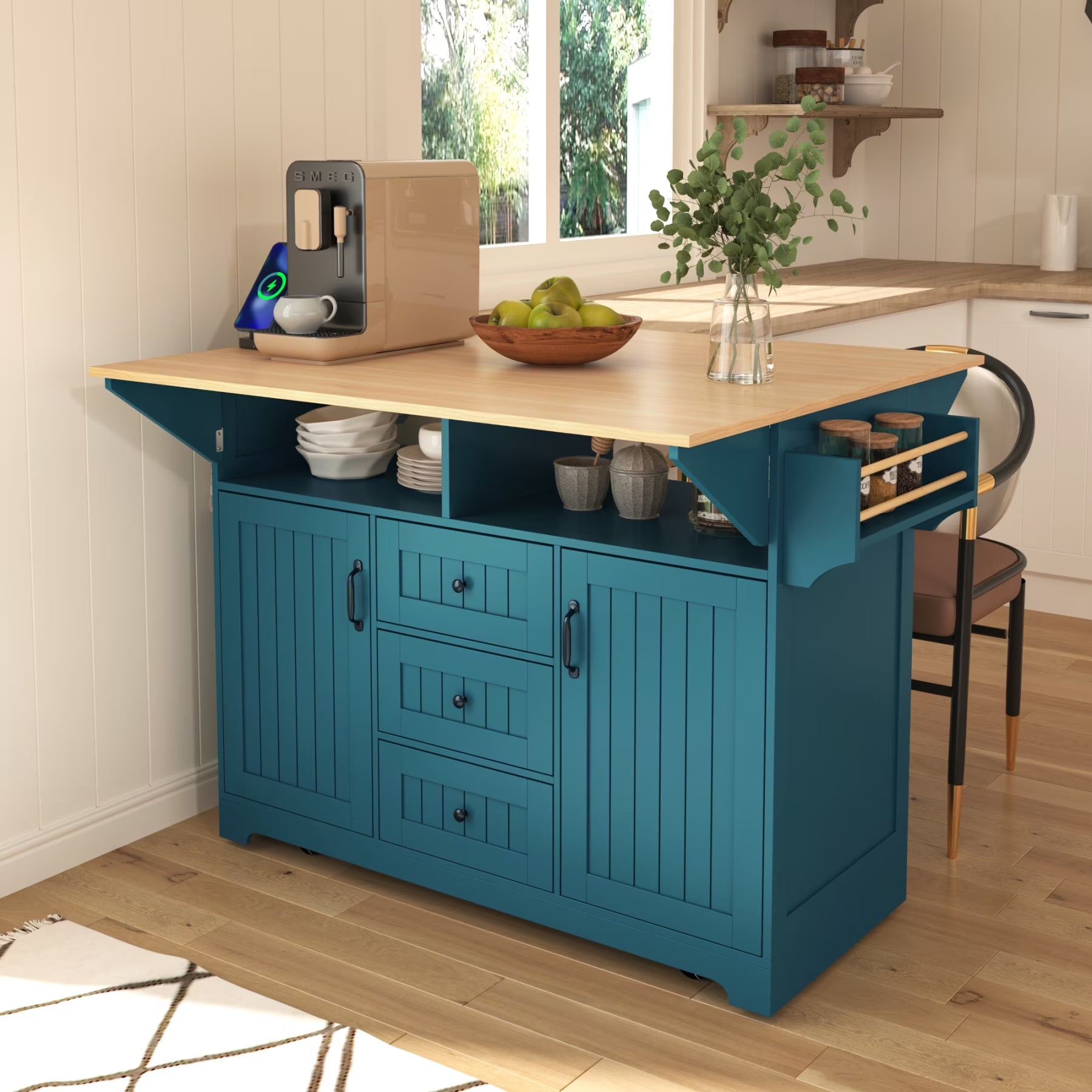 55.7'' Large Kitchen Island with 2 Drop Leaf,, Rolling Kitchen Cart on Wheels with Power Outlet, Spice & Towel Rack and 3 Drawers, Folding Storage Dining Table for Kitchen, Dining Room, Green