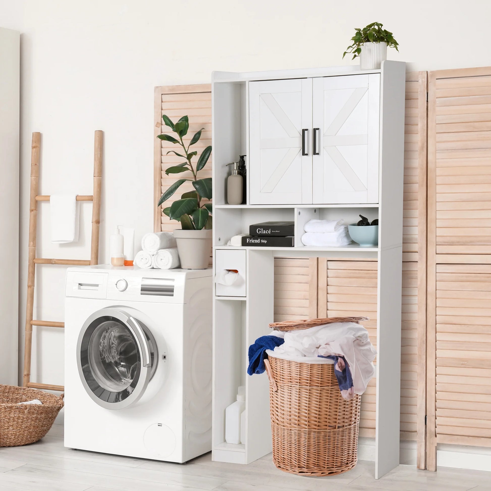 YISUFO Over the Toilet Storage Cabinet, Freestanding Bathroom Organizer with Adjustable Shelves, Waterproof, 65" H x 32" D x 7.7" W, White