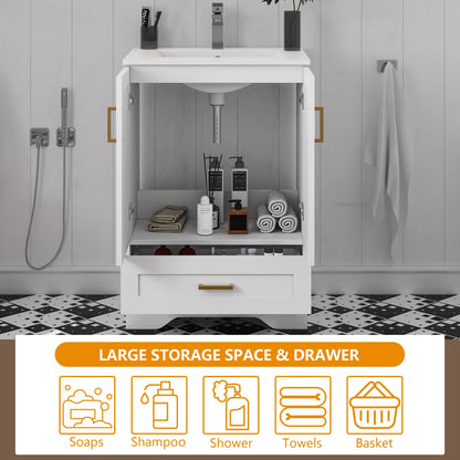 24" Bathroom Vanity with Ceramic Undermount Sink - Freestanding 2-Door & 1-Drawer Storage Cabinet, White