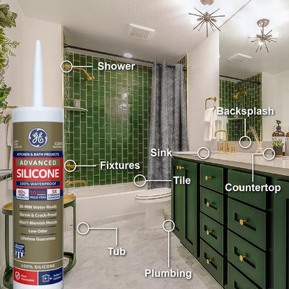 (12 pack) GE Advanced Silicone Kitchen & Bath Sealant. Pack of 1. Clear 10.1 fl oz Cartridge