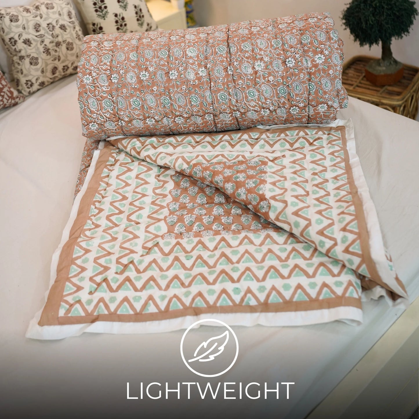 Handmade quilt, block printed floral quilt, boho decorative winter quilt, Indian bedding quilt, throw and blanket for room