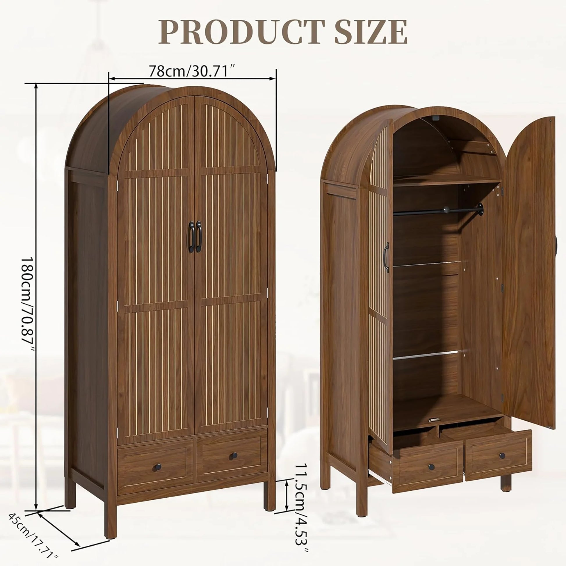 Oubayajia Arched Armoire Wardrobe Closet with Fluted Doors, Wooden Wardrobe Closet with Drawers, Shelves and Hanging Rod for Bedroom