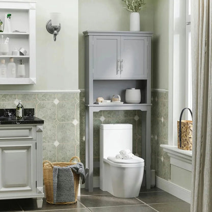 Kepooman Toilet Storage Cabinet, Toilet Organizer Cabinet,Modern Over The Toilet Storage Cabinet, Double Door Bathroom Organizer with Open Shelf, Grey