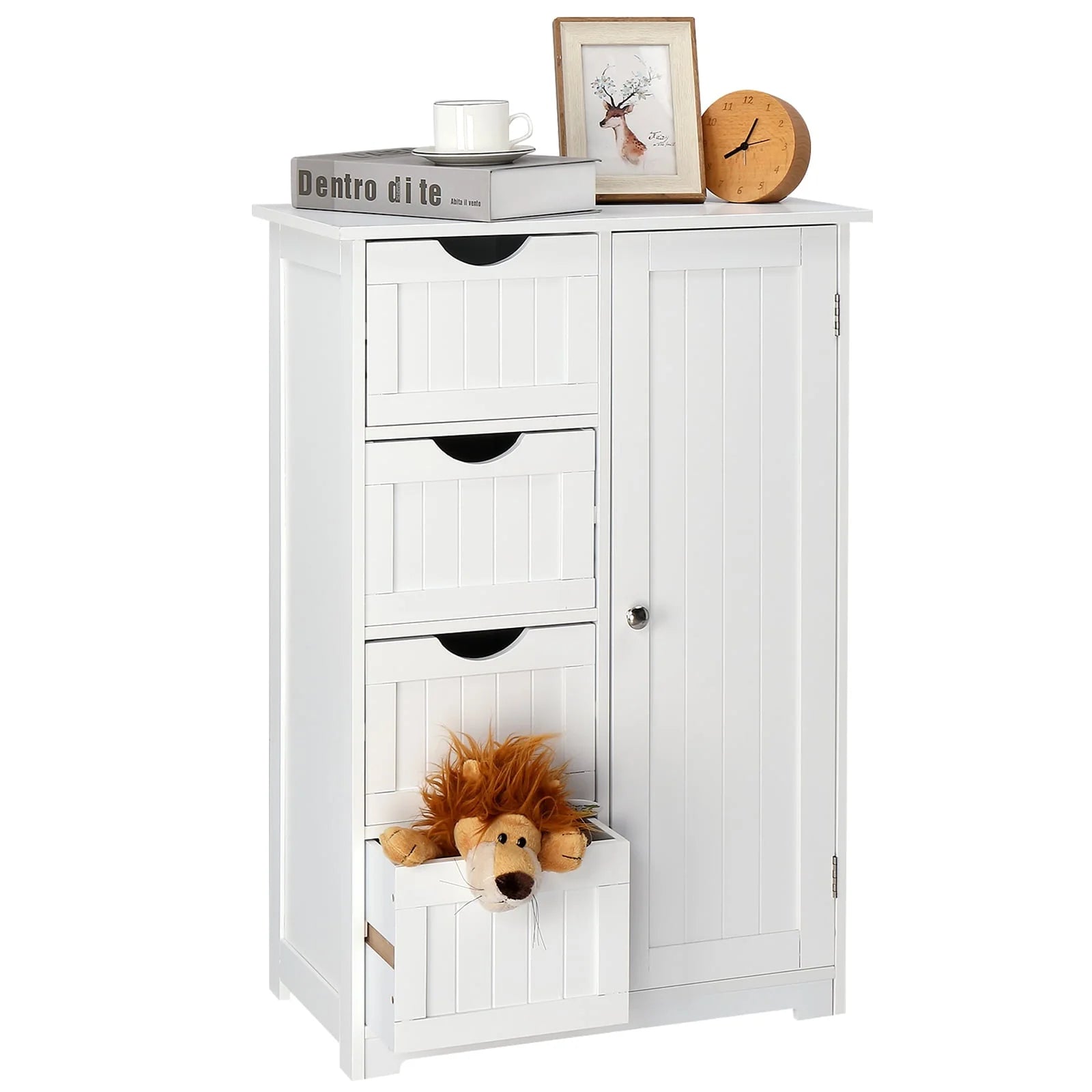 Ktaxon Wooden Bathroom Floor Cabinet,Side Storage Organizer Cabinet with 4 Drawers,1 Cupboard & 2-Shelves,MDF,White