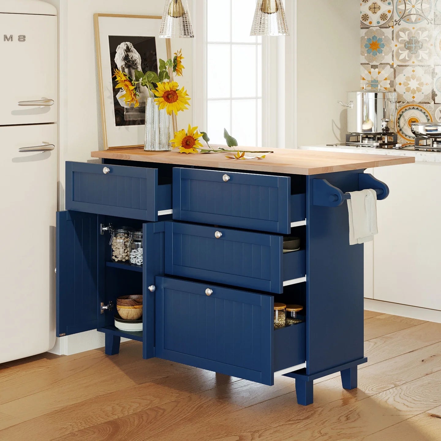 Kitchen Island with Storage, Portable Kitchen Island on Wheels with Drop-Leaf and 2 Stools, Built-in 4 Drawers and Towel Rack, Rolling Kitchen Island Cart for Home, Kitchen and Dining Room, White