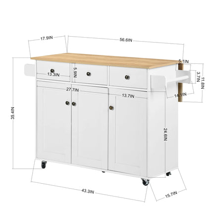 Homy Casa 56" Rolling Kitchen Island with Wood Top, Storage Cabinet, 3 Drawers, Towel Racks, White