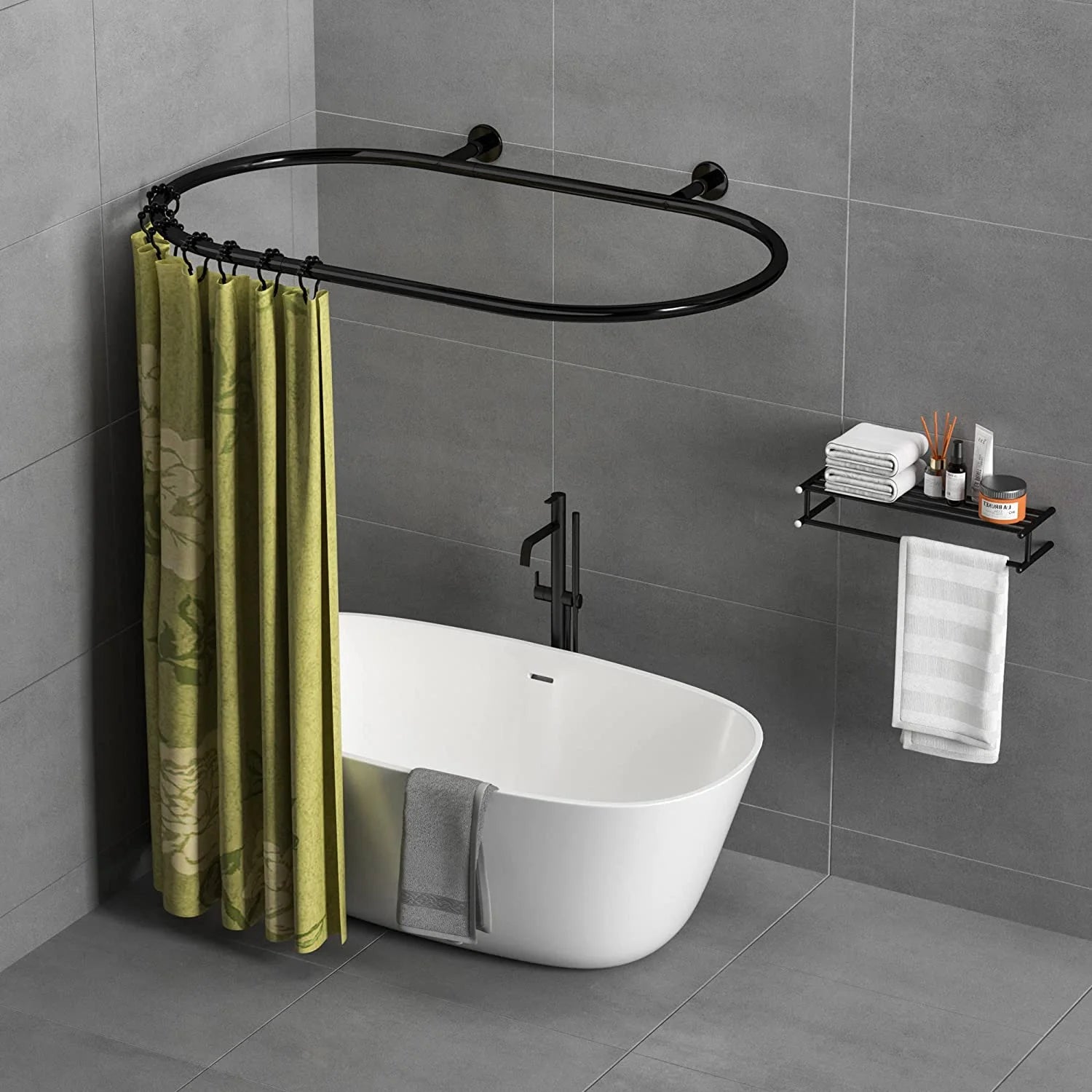 Aluminum Alloy Oval Shower Curtain Rod Hoop Square Shape Bathroom Rod for Clawfoot Tub Free Standing Tubs (Black)