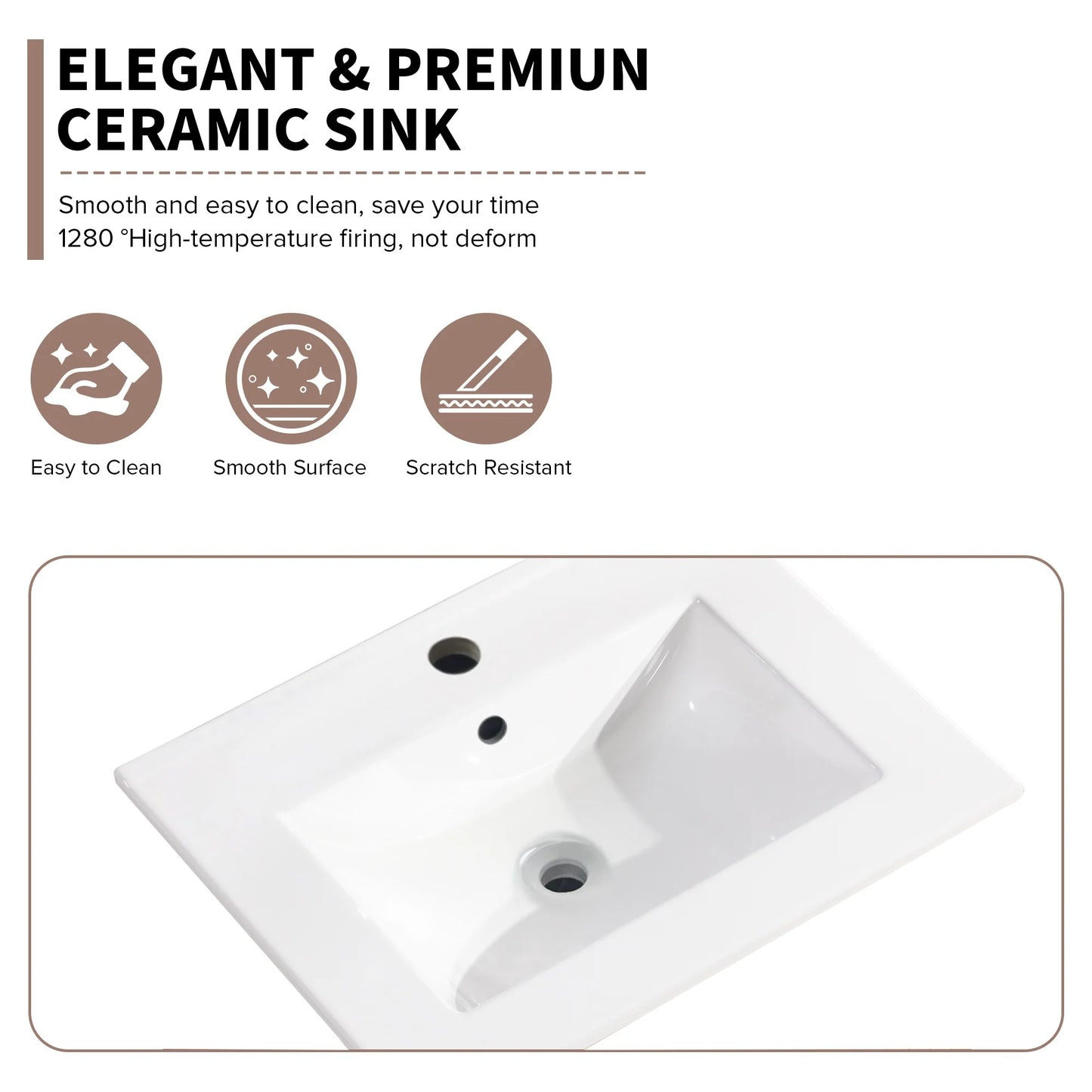 Miniyam 24" Ceramic Sink with Overflow, Drop in Bathroom Vessel Sink, White