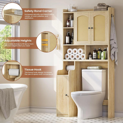 Over The Toilet Storage Cabinet with 3 Doors, Farmhouse Space Saver for Bathroom Organizer with Paper Holder, 10 Shelves and Hooks, 7-Tier Over Washing Machine Cabinet for Laundry, Bathroom, Natural