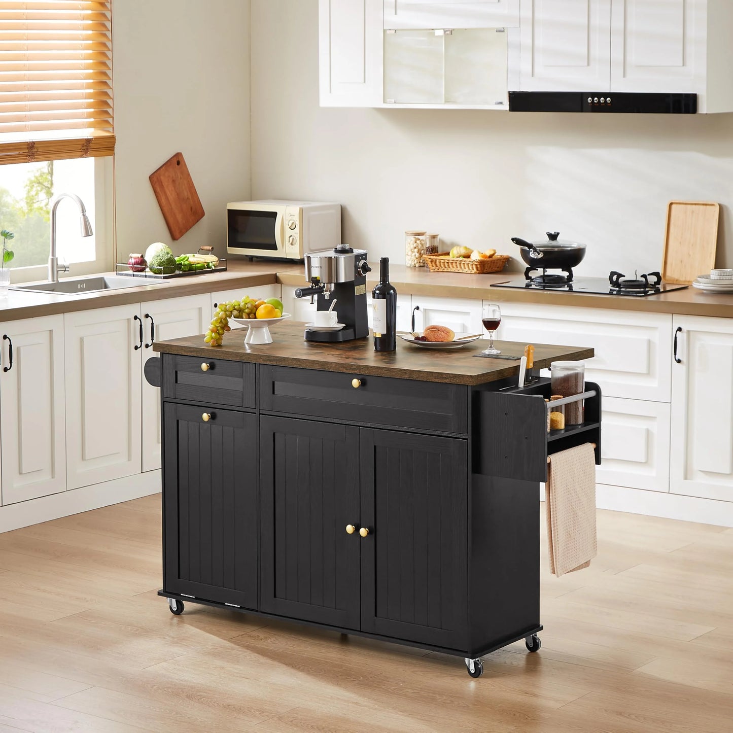 Onbrill Kitchen Island w/Outlet& Towel Rack, 60" Kitchen Storage Cart w/Foldable Countertop, Black