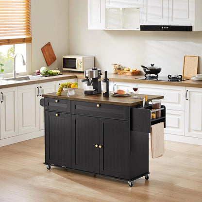 Onbrill Kitchen Island w/Outlet& Towel Rack, 60" Kitchen Storage Cart w/Foldable Countertop, Black