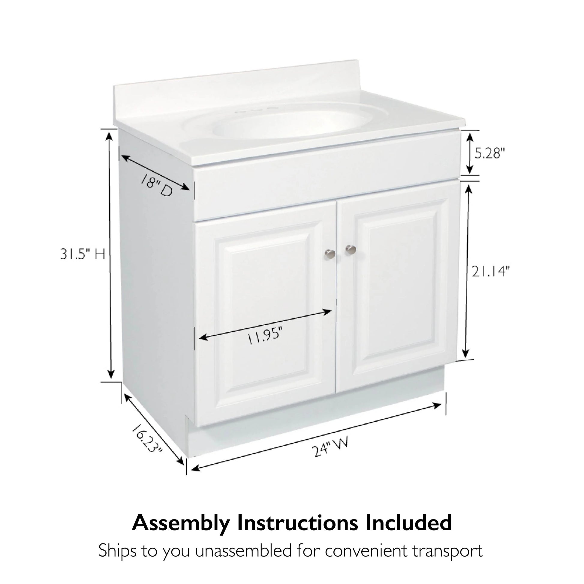 Design House Solid Wood Wyndham 24" Ready to Assemble 2-Door Bath Vanity Cabinet, White