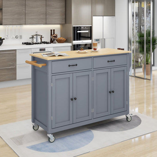 EUROCO Kitchen Island Cart with Solid Wood Top and Locking Wheels, 4 Door Cabinet and Two Drawers, Spice Rack and Towel Rack, Gray