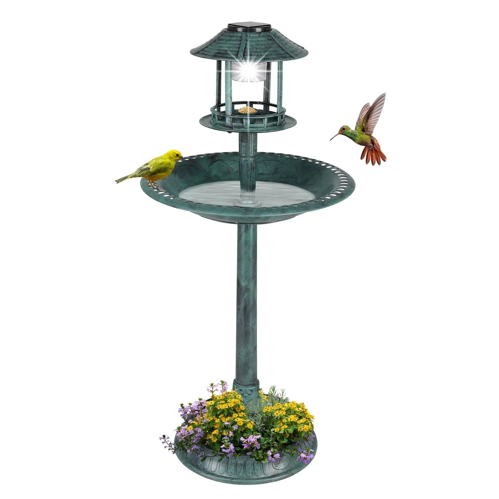 UBesGoo Bird Bath Dark Green 42 Inch w/Solar Light Antique Copper Weather Resistant Birdbaths