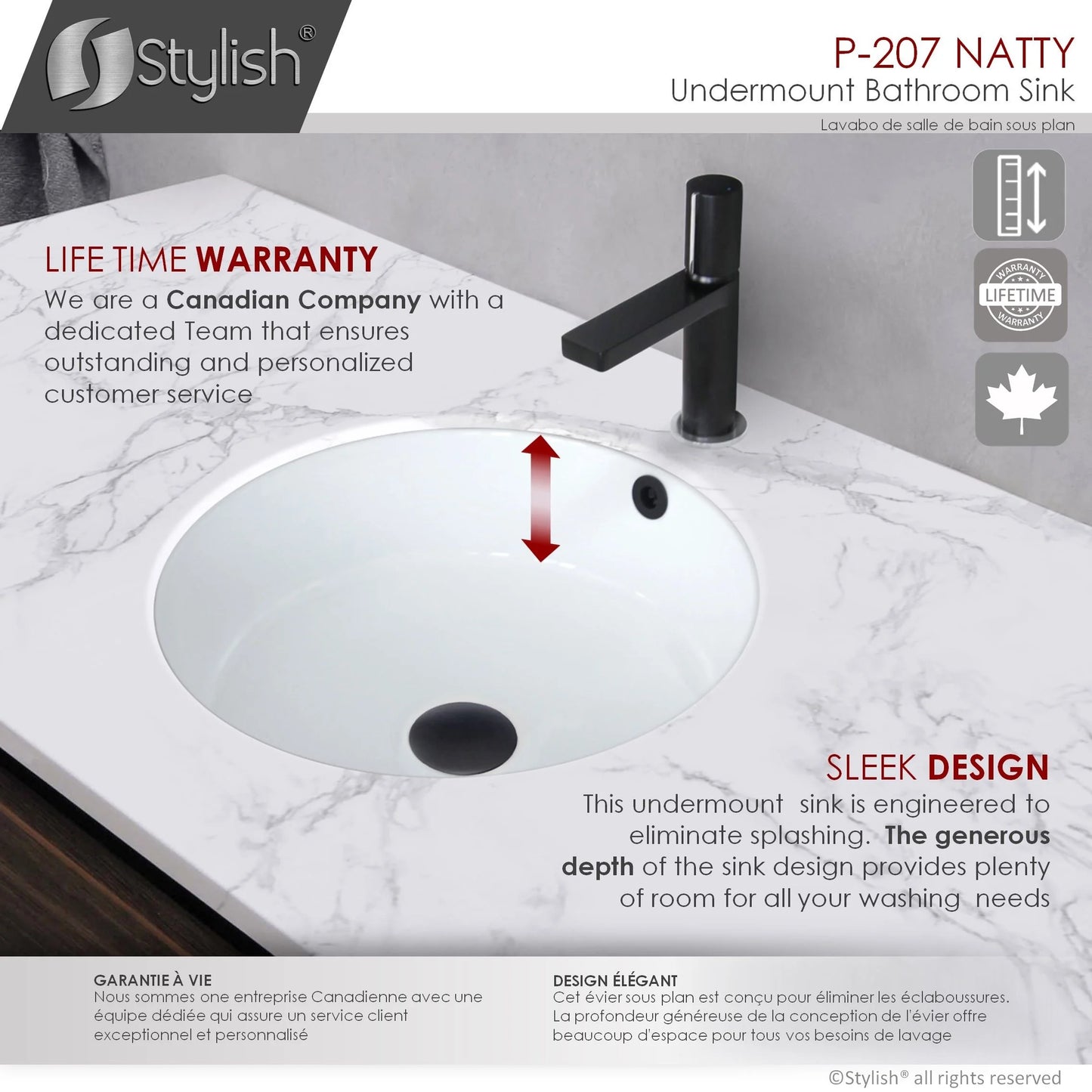 Stylish Undermount 16" Porcelain Round Bathroom Sink with 2 Overflow Finishes P-207