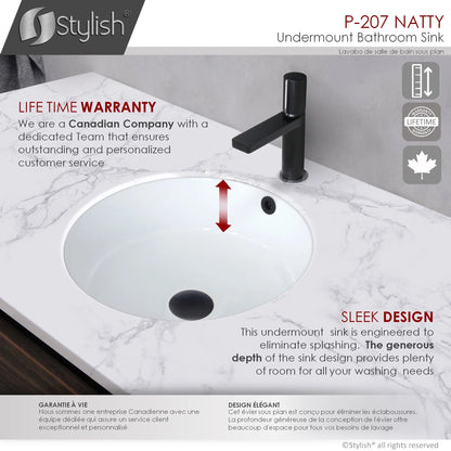 Stylish Undermount 16" Porcelain Round Bathroom Sink with 2 Overflow Finishes P-207