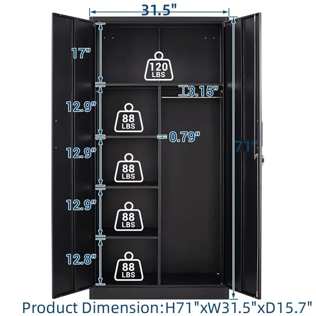STANI Metal Locker Storage Cabinet, Employees Locker with Hanging Rod Bar, 71° F Black Tall Steel Wardrobe for Home, School, Office (Assembly Required)