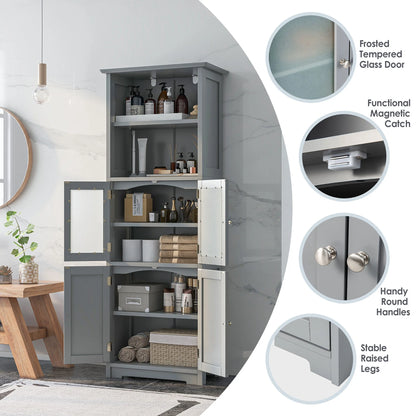 Gymax Bathroom Tall Storage Cabinet Linen Tower w/Glass Door & Adjustable Shelf Grey