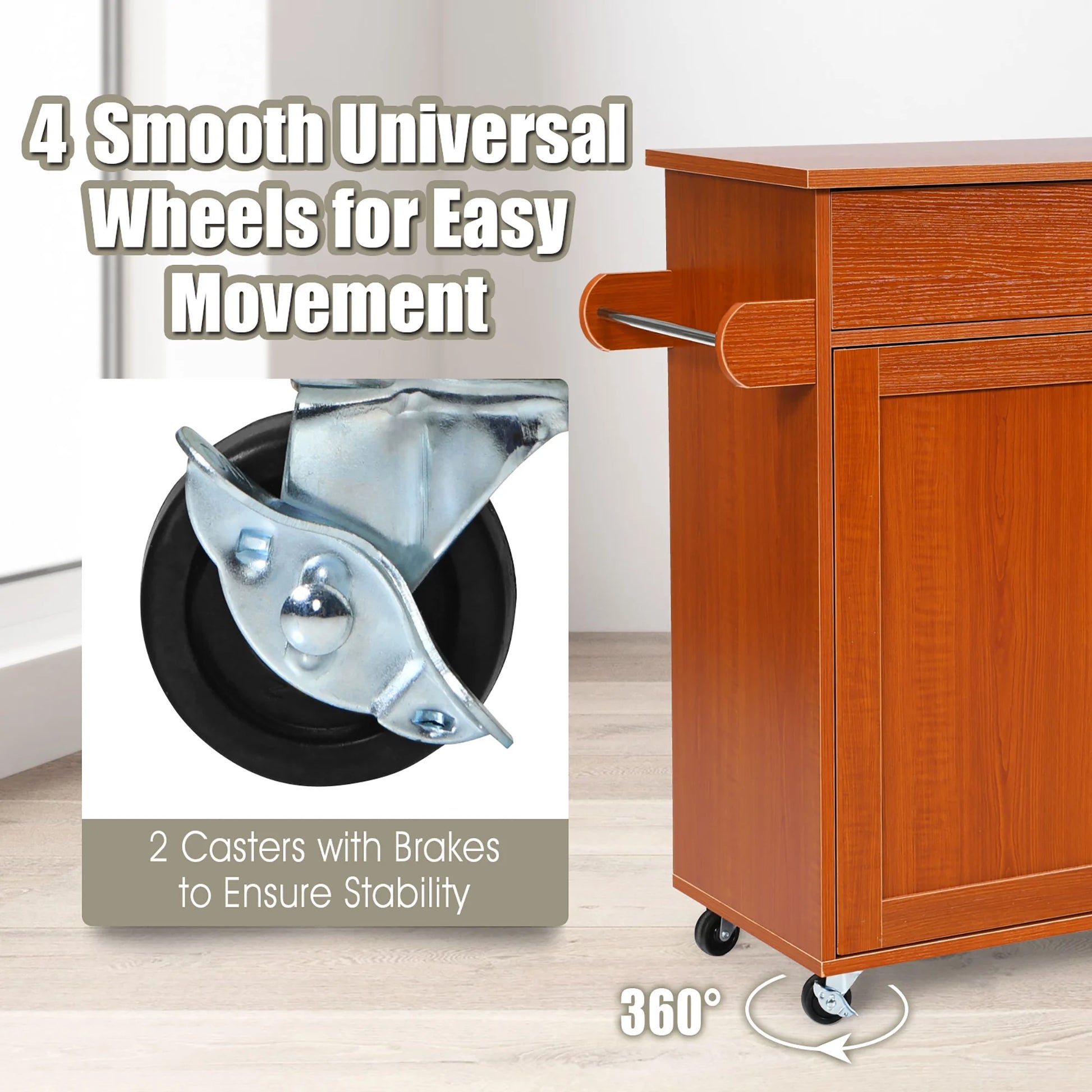 Costway Rolling Kitchen Island Cart Storage Cabinet w/Towel & Spice Rack Cherry