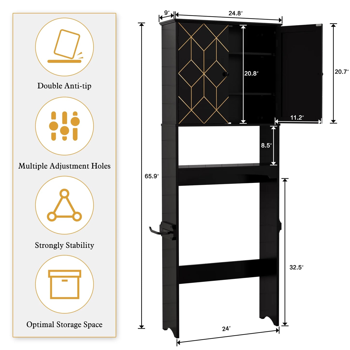 HLR Over The Toilet Storage Cabinet, Bathroom Above Toilet Storage Cabinet with Doors and Adjustable Shelves, Black