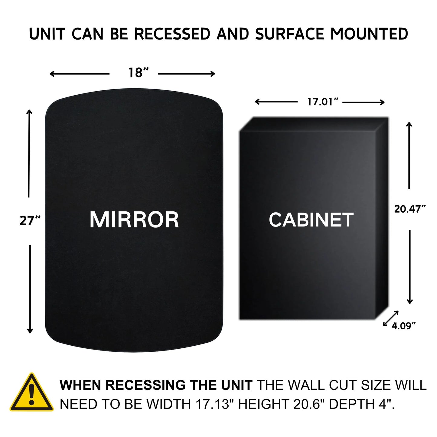 TEHOME Matt Black Surface and Recessed Mount Medicine Cabinet with Mirror Metal Framed Arch Bathroom Wall Cabinet with Mirror 18x27''