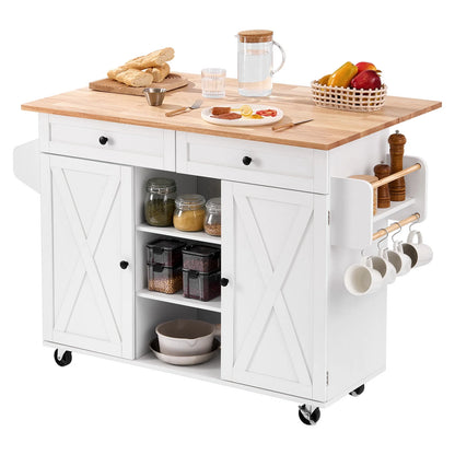 VEVOR Kitchen Island Cart, with Solid Wood Top and Storage Cabinet, Mobile Rolling Table with Drop Leaf,Drawers, Spice Towel Rack,Portable Islands on Swivel Wheels for Dining Room,52in Width,White