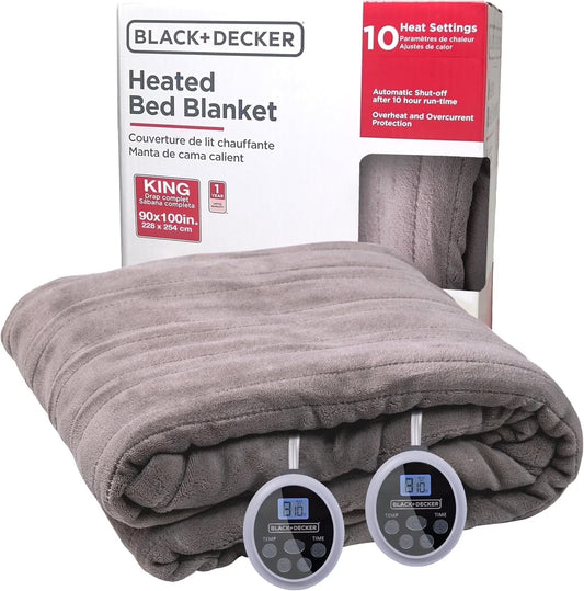 BLACK+DECKER Heated Blanket Electric King, 10 Heating Levels, 10H Timer, Auto Shutoff, Dual Zone Heating, 90x100 inches, Grey