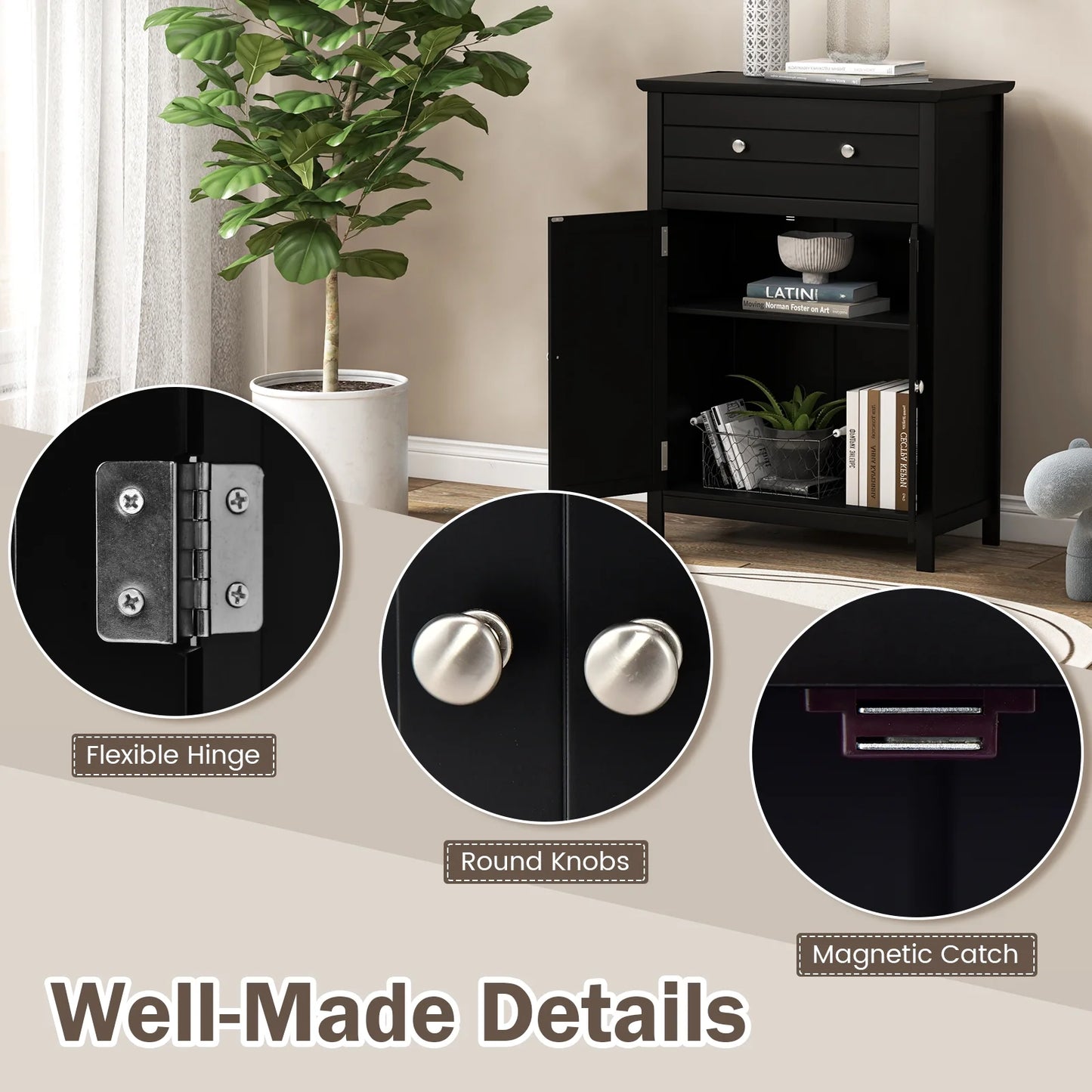 Topbuy Freestanding Bathroom Storage Cabinet Floor Cabinet with Drawer Doors and Adjustable Shelf for Storage Black
